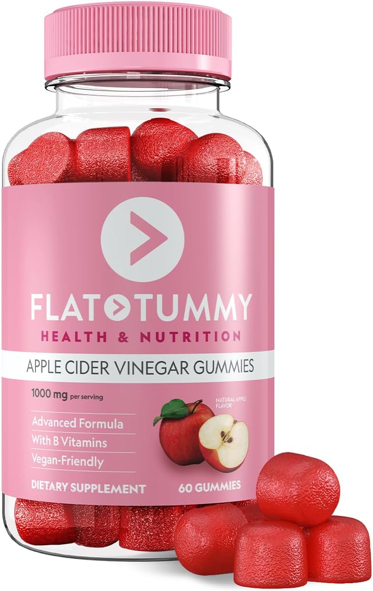 Flat Tummy Apple Cider Vinegar Gummies, 60 Count – ACV Gummies, Detox, Support Gut Health – Vegan-Friendly, Non-GMO – Beet and Pomegranate Superfood Powders, Vitamins B6, B9 & B12