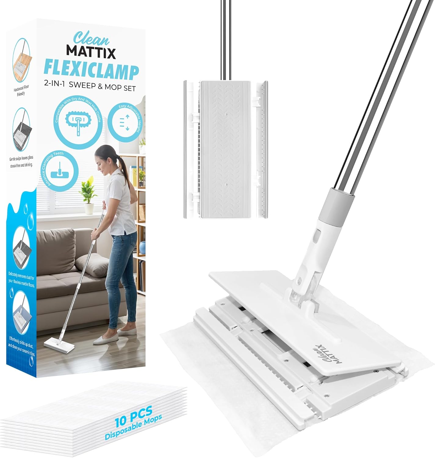 FlexiClamp Sweep & Mop Kit – Compatible with Swiffer Pads, Durable Cleaning Tool for Hardwood, Tile, Marble & Laminate Floors, Home, Kitchen Cleaning Essentials. (Include 10 Dry Cloths)