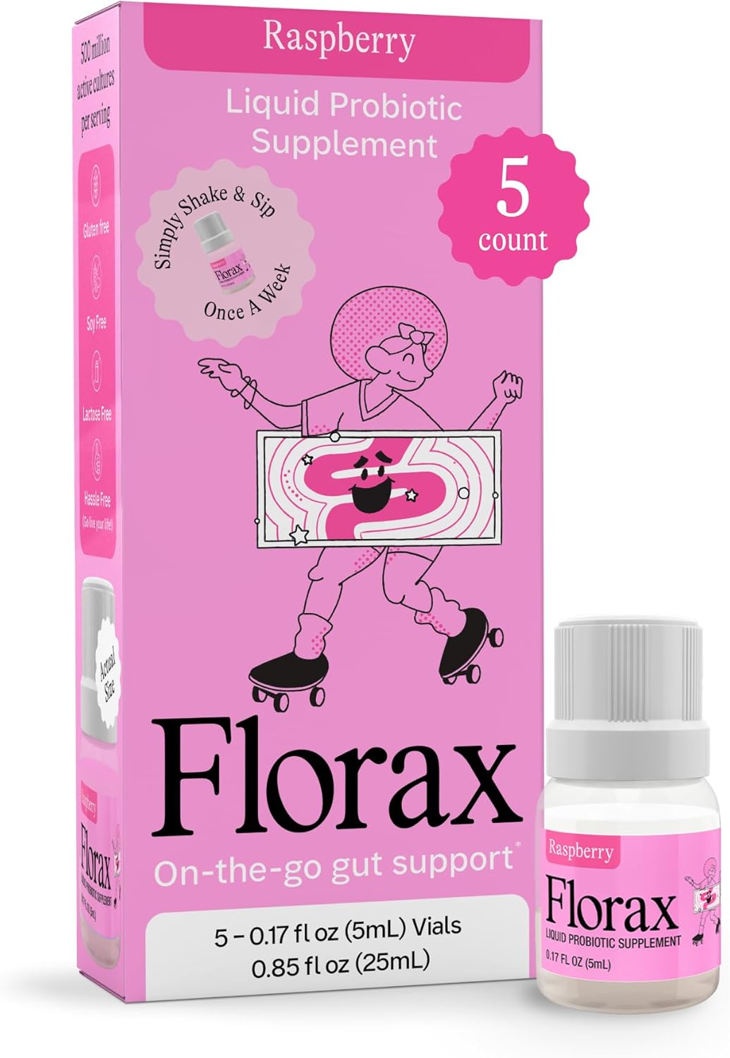 Florax – Liquid Probiotic – On-The-go Gut Support for Women, Men, and Children – Vegan, Gluten Free, Lactose Free, Soy Free and Preservative Free – Raspberry Flavor – 5 Vials