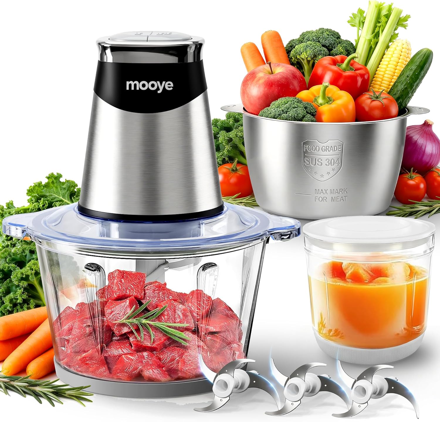 Food Processors Electric Food Chopper with Meat Grinder & Vegetable Chopper – 3 Bowls(8Cup+8Cup+3Cup) with Powerful Copper Motor – Includes 3 Sets of Bi-Level Blades for Fruits/Meat/Nuts