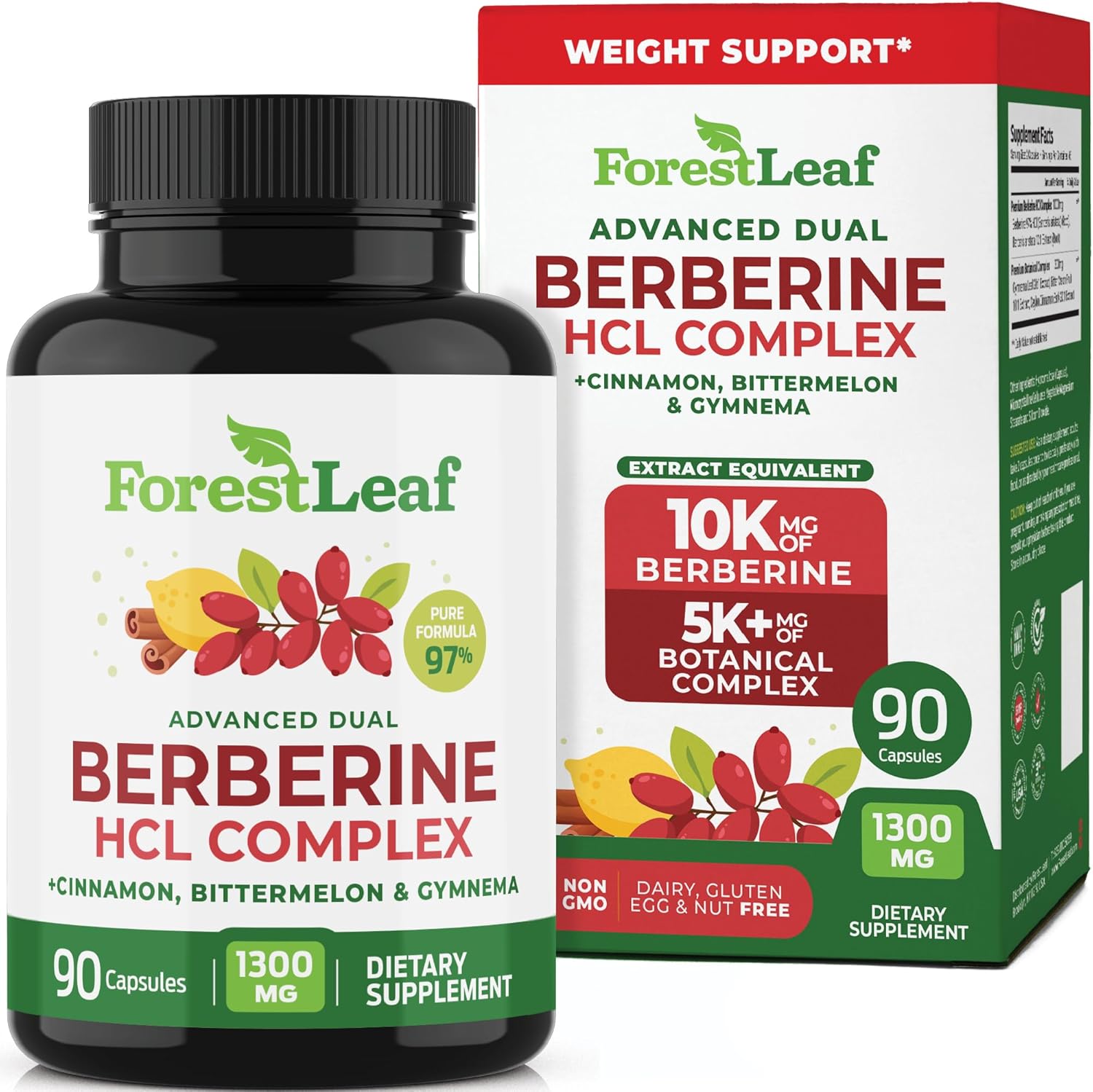 ForestLeaf Berberine Supplement – 1300mg per Serving – Ultra High Potency Berberine HCl with Ceylon Cinnamon, Bitter Melon & Gymnema – Weight Management Support – 90 Caps