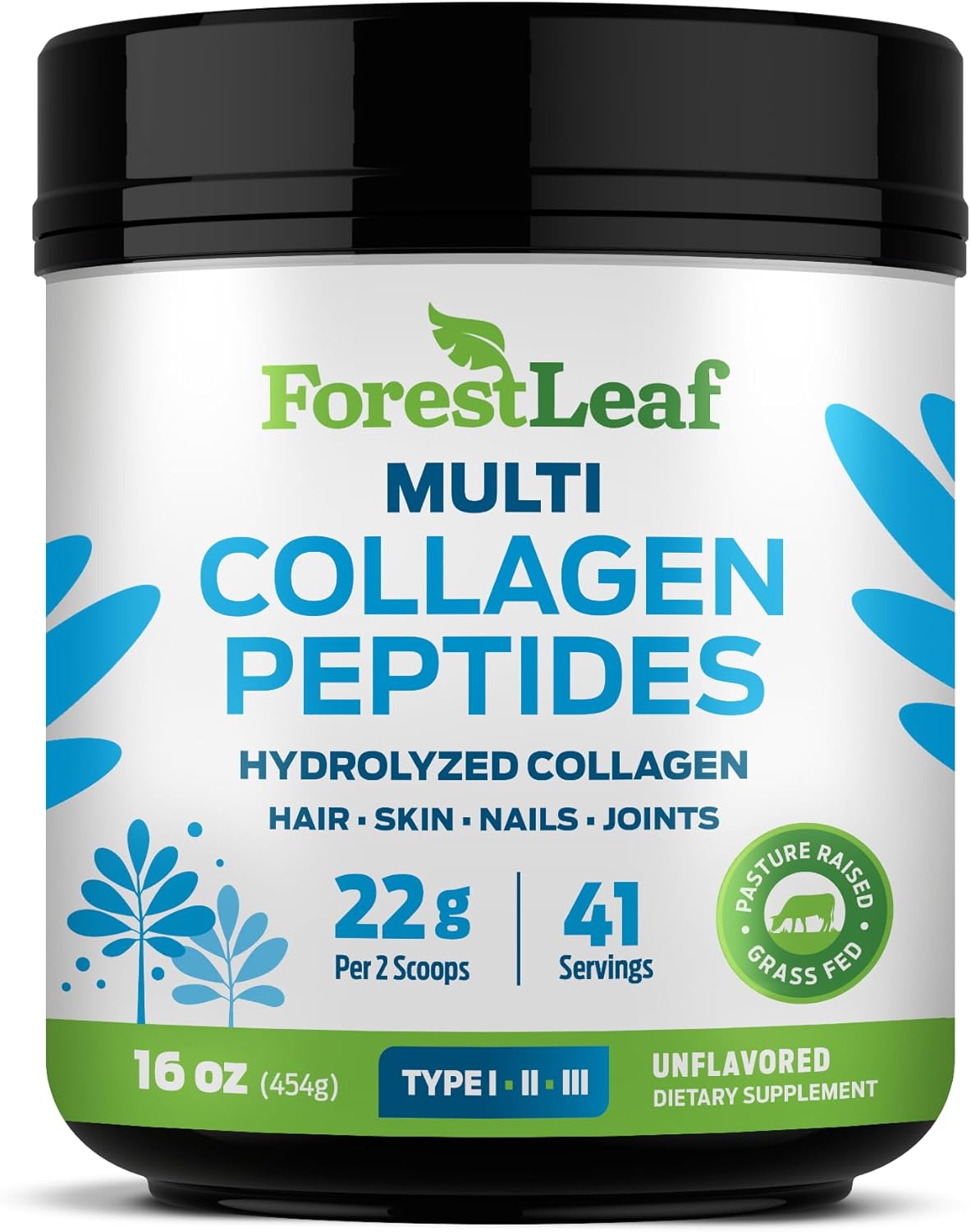 ForestLeaf Collagen Peptides Powder Unflavored – Hydrolyzed Grass Fed Keto Collagen Protein Powder Type 1, 2 & 3 – Vital Hair, Skin, Nails, Joints, Recovery, 11g Per Serving