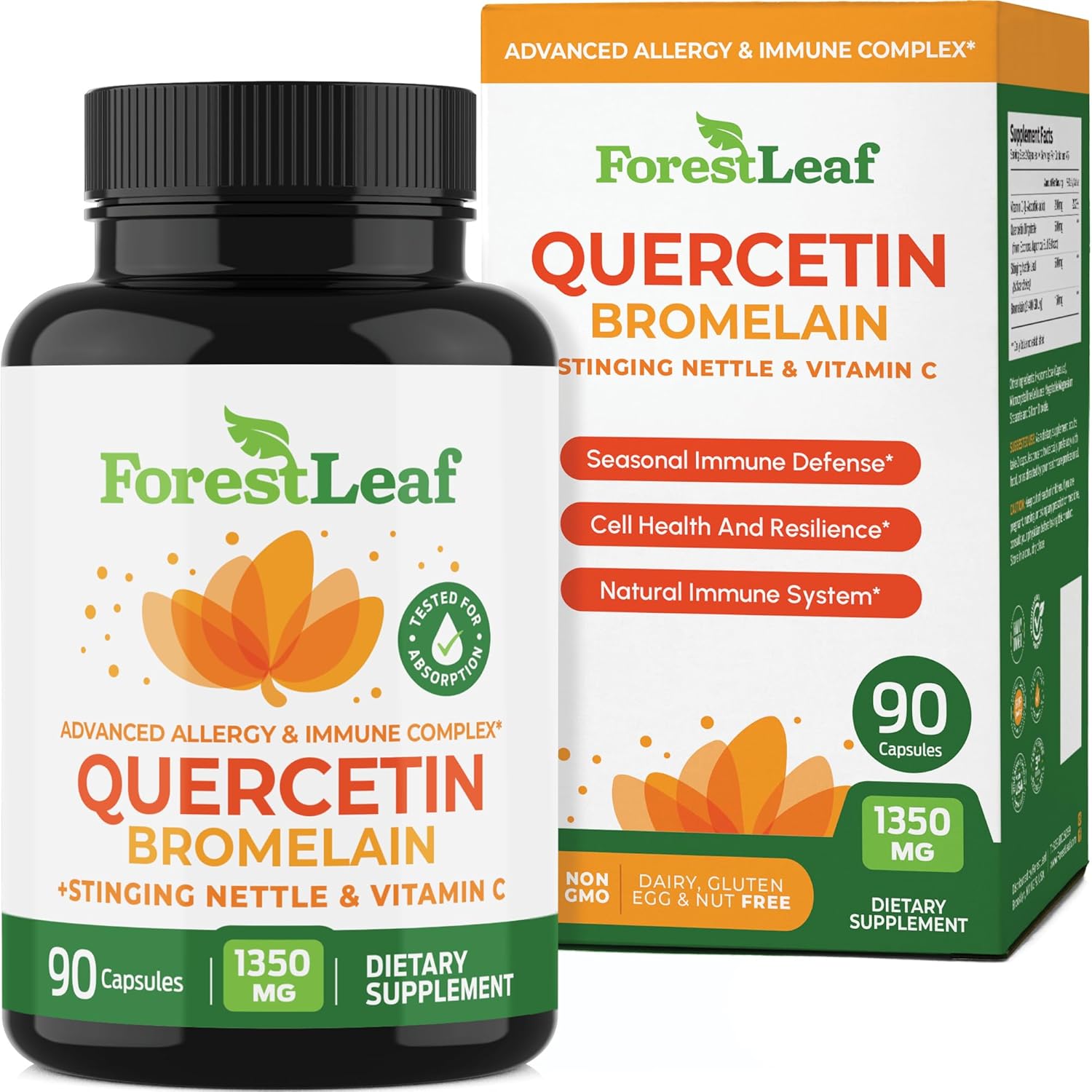 ForestLeaf Quercetin with Bromelain 1350mg – Blend with Vitamin C & Stinging Nettle Supplement, Quercetin 500mg Capsules, Non-GMO Gluten Free, Natural Function, 90 Veggie Caps
