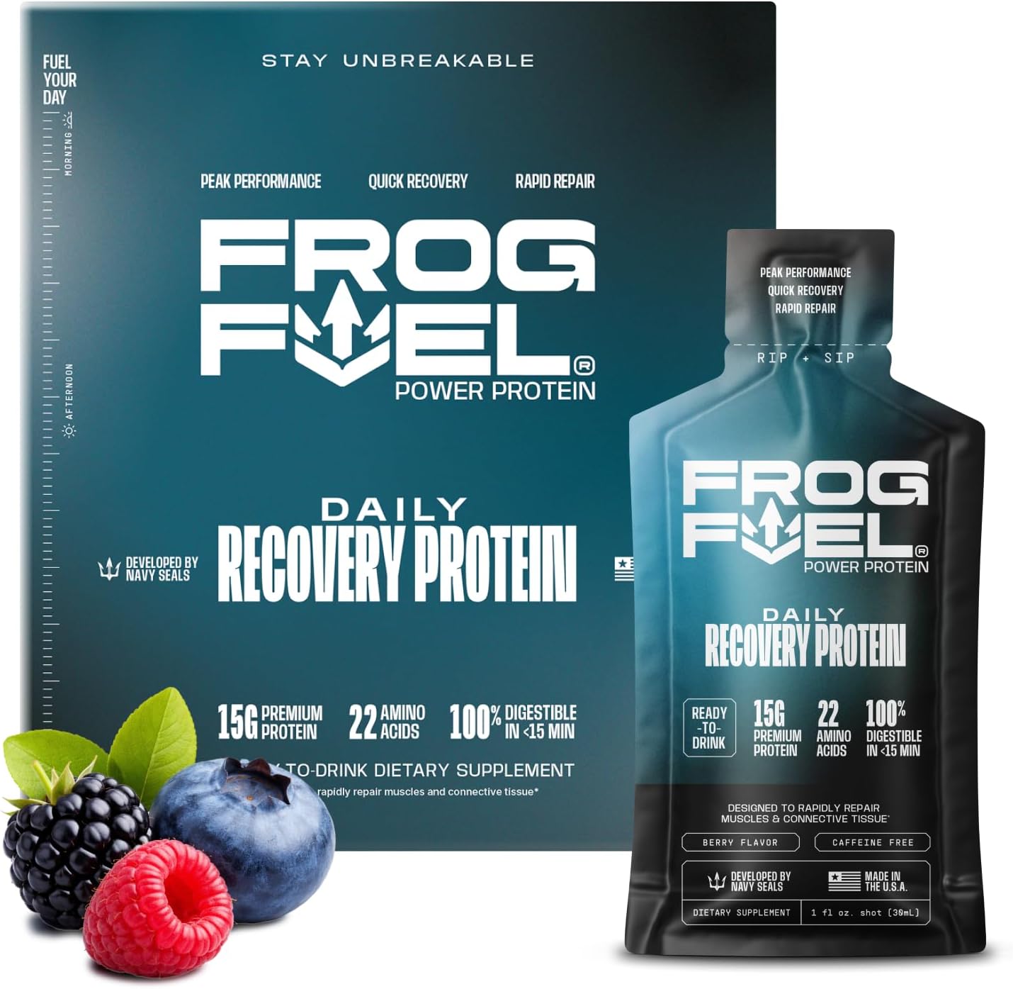 Frog Fuel Power Regular Protein Shot, 15g Protein Nano-Hydrolyzed Grass Fed Collagen, Post Workout, Gluten Free, Fat & Sugar Free, 22 Amino Acids, 0 Carbs, Berry, 1 oz Packets, 24 Pack