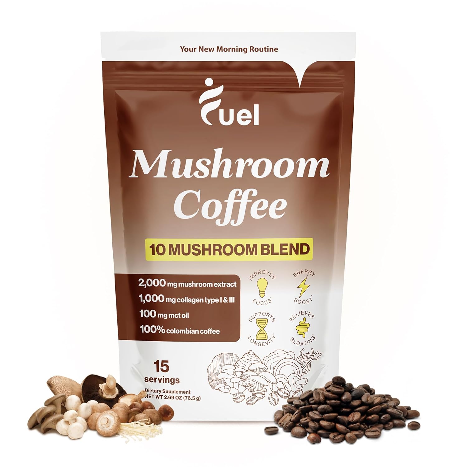Fuel Nutrition Pro Collagen & Mushroom Coffee for Weight Loss, Lion’s Mane, Chaga & Mushroom Powder, Low Caffeine Organic Instant Coffee, 15 Servings