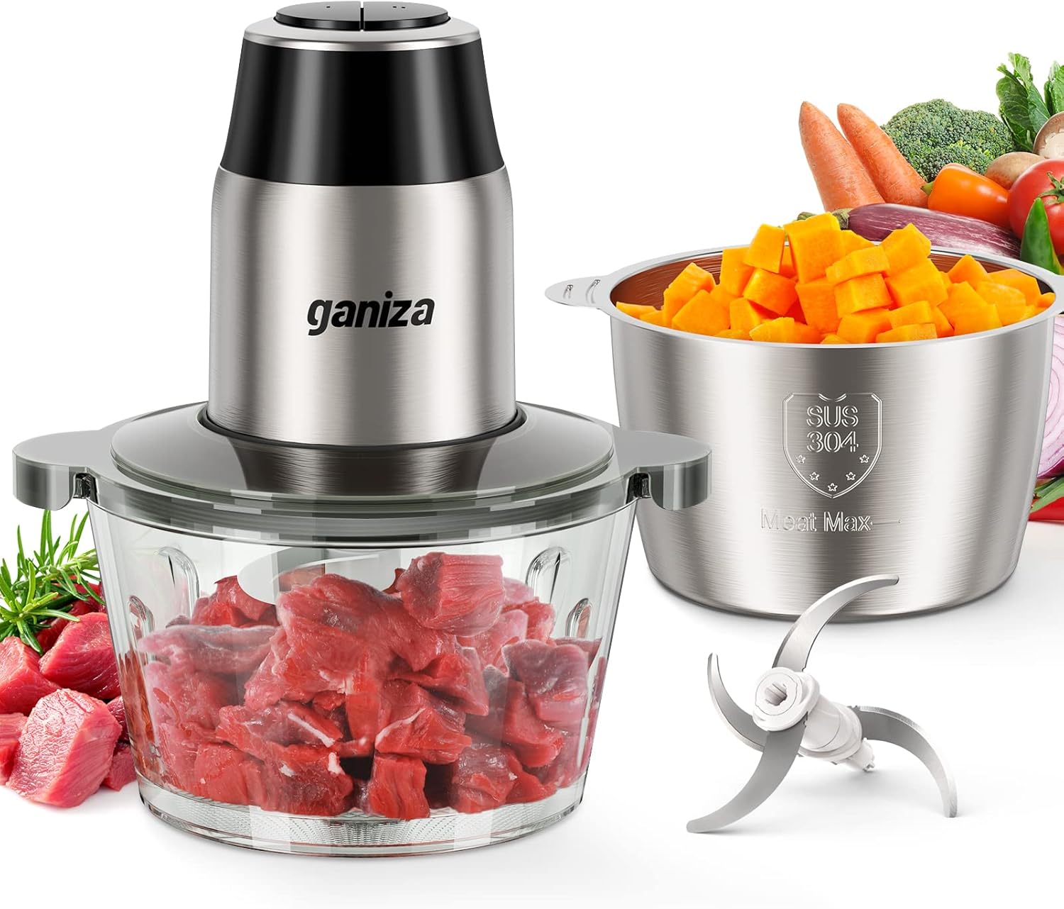 GANIZA Food Processors, Electric Food Chopper with Meat Grinder & Vegetable Chopper – 2 Bowls (8 Cup+8 Cup) with Powerful 450W Copper Motor – Includes 2 Sets of Bi-Level Blades for Fruits/Meat/Nuts