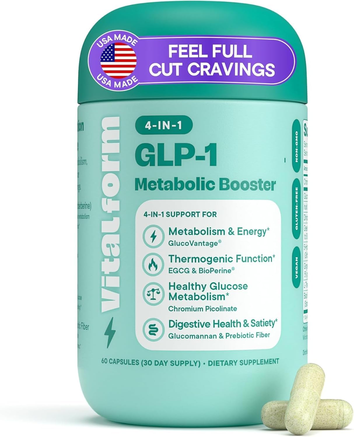 GLP-1 Metabolic Support Supplement – 4-in-1 Formula for Appetite Control, Cravings, Digestion, Energy & Weight Management – With GlucoVantage®, Berberine, Inulin & EGCG – Vegan Capsules