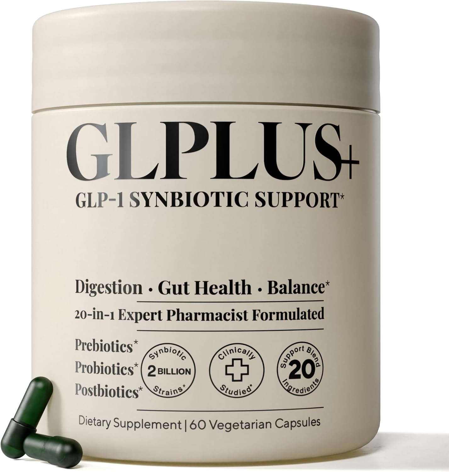 GLP-1 Support Supplement for Nausea, Bloating & Gut Health – Synbiotic Pre, Pro & Postbiotic for Women & Men for GLP-1 Users — Injection & Oral Users – Pharmacist Formulated, 20-in-1 (60 Capsules)