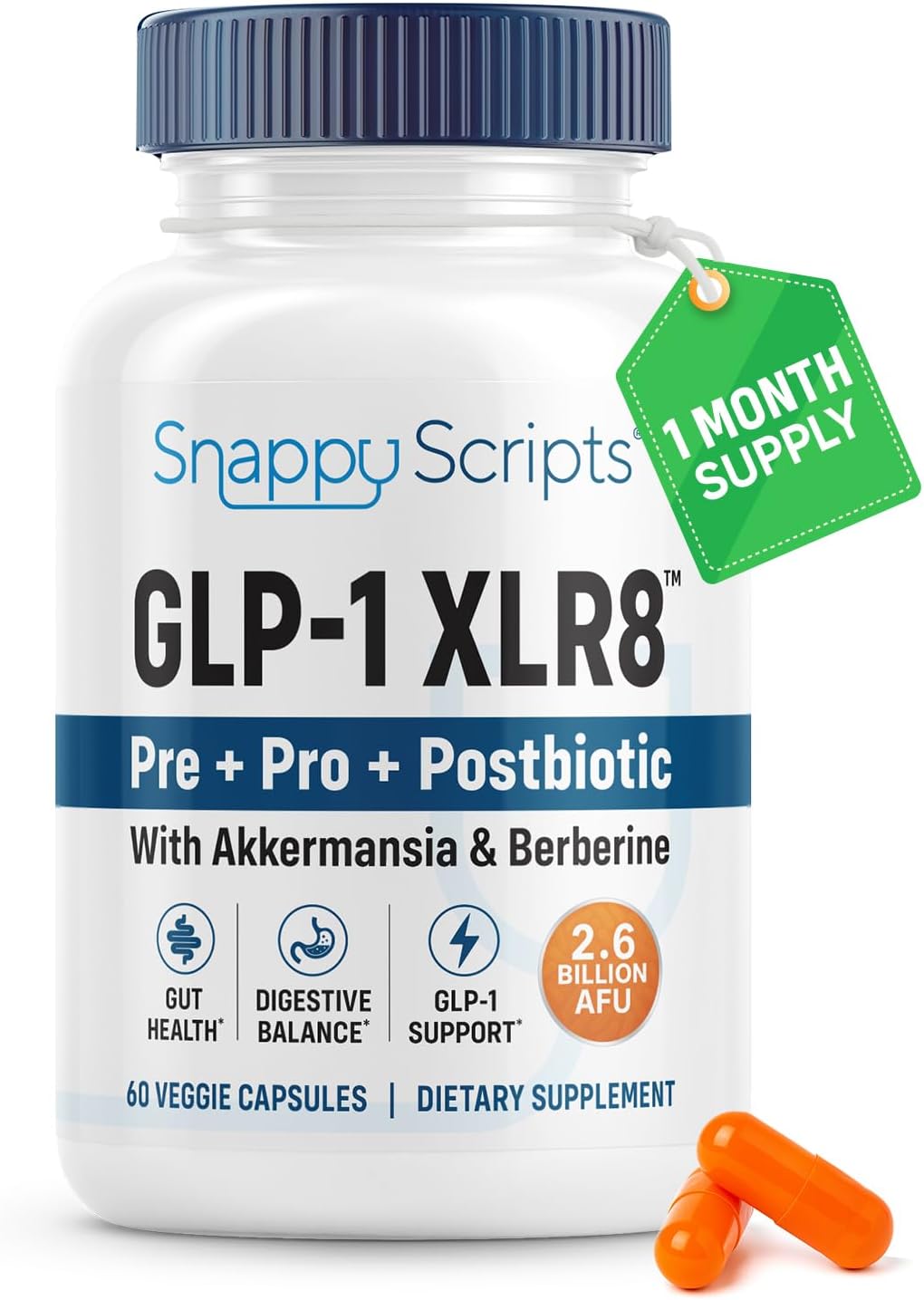 GLP-1 XLR8 Supplement for Weight Loss, Digestion, Constipation, Bloating Relief with Akkermansia 2.6 Billion AFU Live Prebiotic Probiotic Postbiotic Gut Health + Berberine for Women Men 60 Capsules