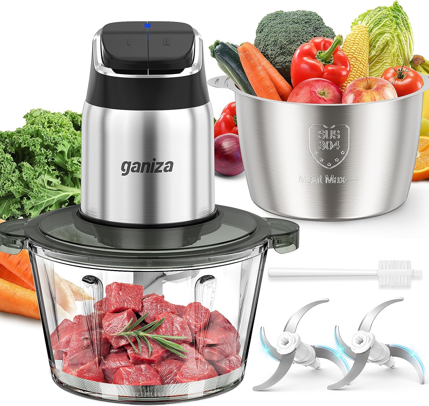 Ganiza Food Processor, 2-Speed Food Chopper Meat Grinder with 8 Cup Stainless Steel & 8 Cup Glass Bowls, Upgraded Button & Smart Overheat Protection Light – Includes Clean Brush, 2 Sets of Blades