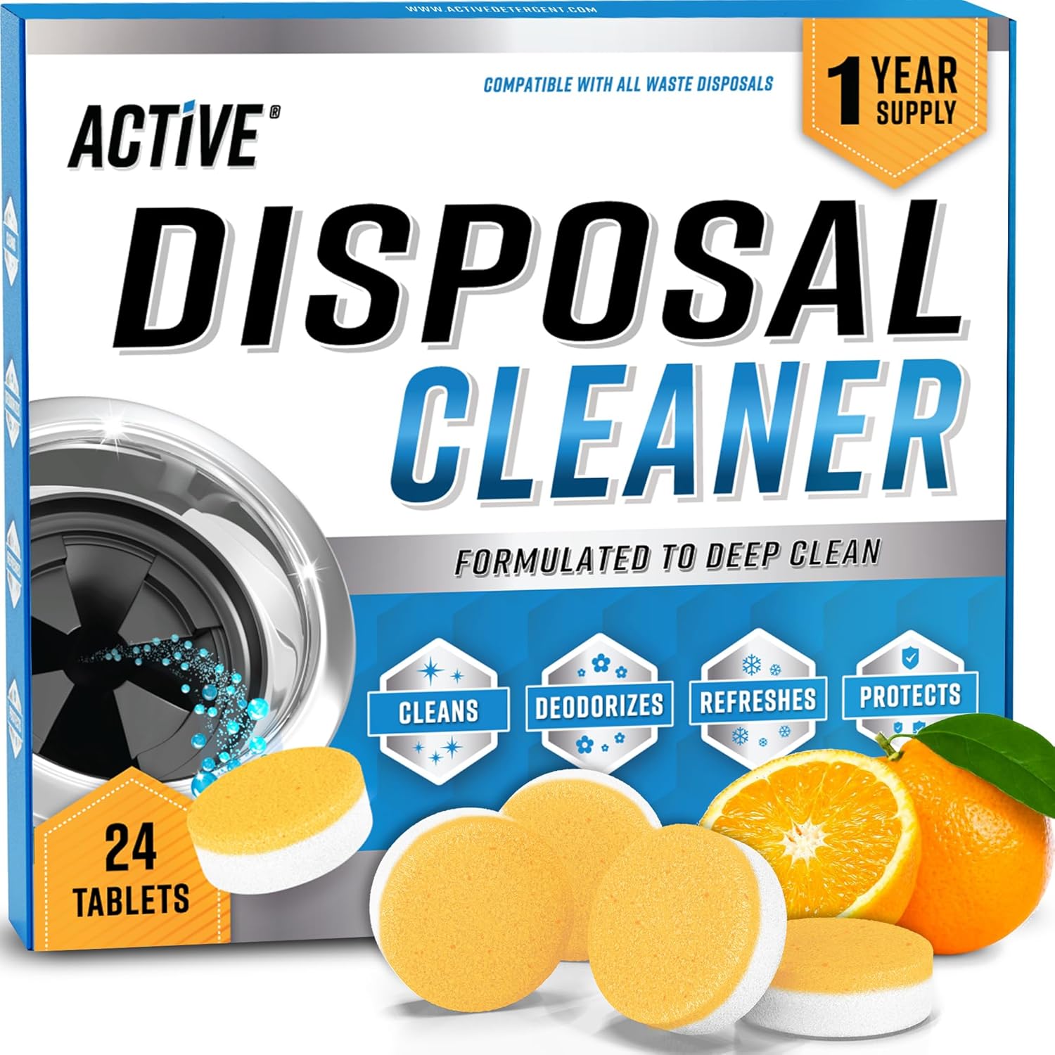 Garbage Disposal Cleaner Deodorizer Tablets – 24 Pack, New Powerful XL Foaming Tablet – Fresh Citrus Foam Sink Garburator Disposer Freshener, Natural Kitchen Drain Cleaning Care – 1 Year Supply