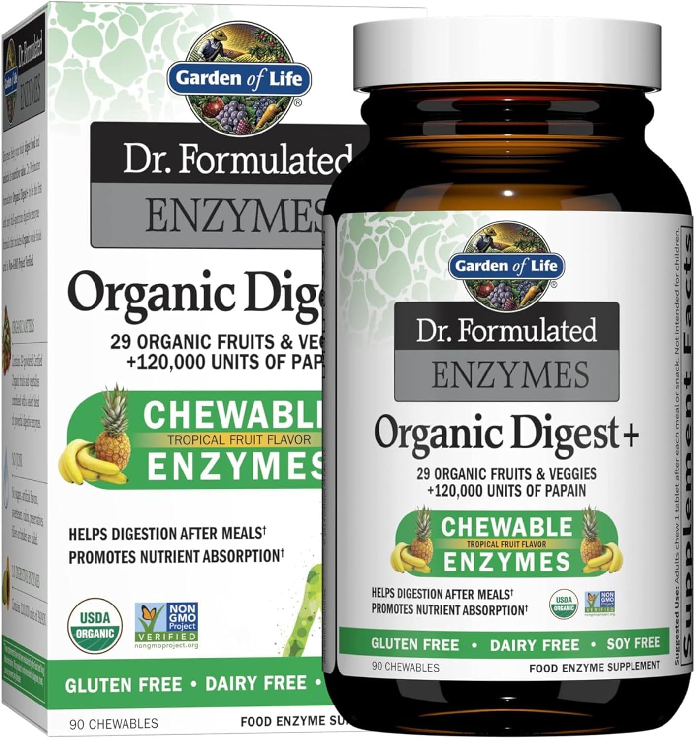 Garden of Life Digestive Enzymes with Papain, Bromelain and Lipase for Nutrient Absorption and Digestion Support, Tropical Fruit Flavor, Dietary Supplement, Certified Vegan, 90 Chewables