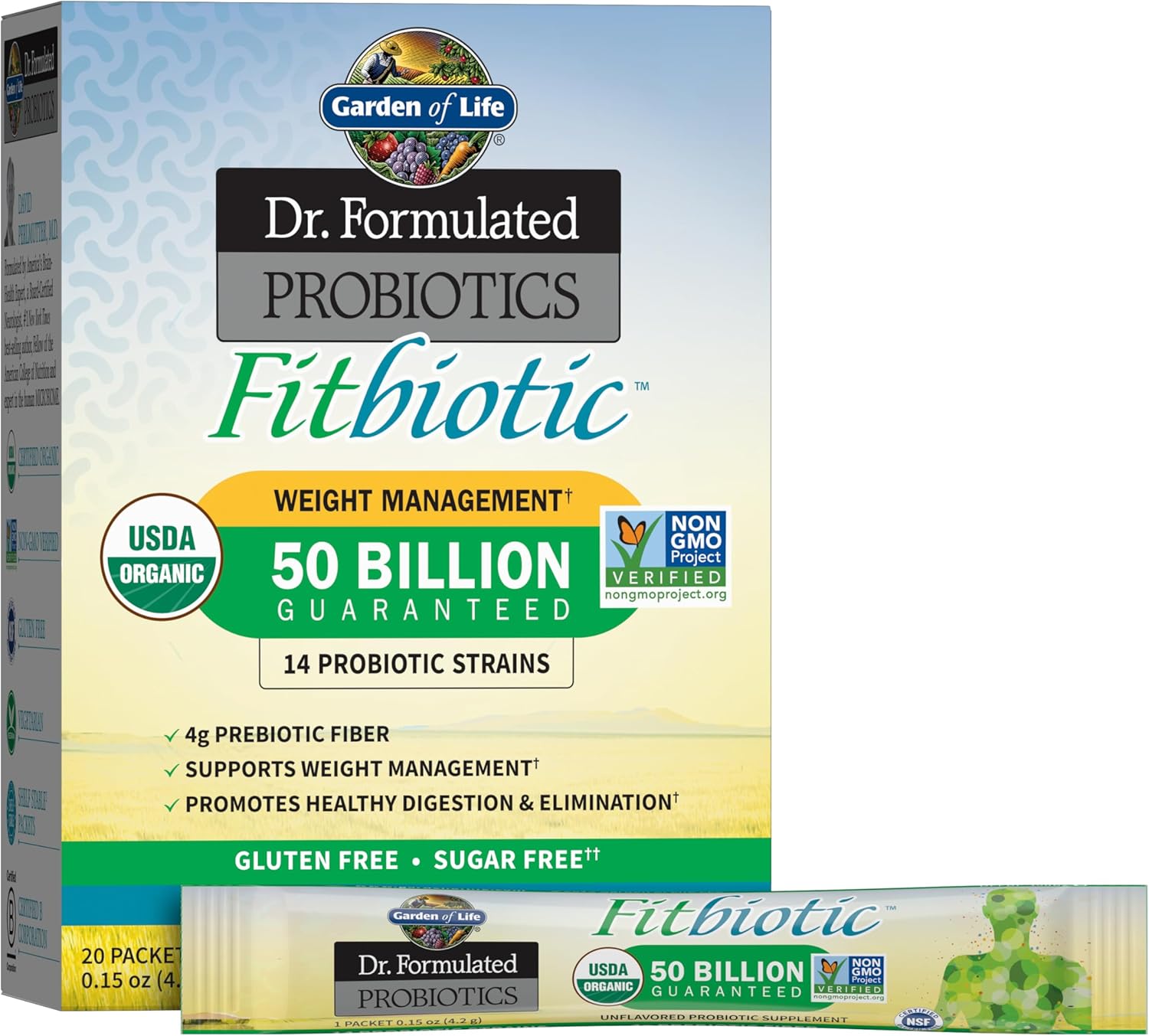 Garden of Life Dr. Formulated Probiotics Fitbiotic Weight Management Powder, 50 Billion CFU & Prebiotic Fiber, Organic & Non-GMO Digestive Gut Health Probiotic Supplement, 20 Single Serving Packets