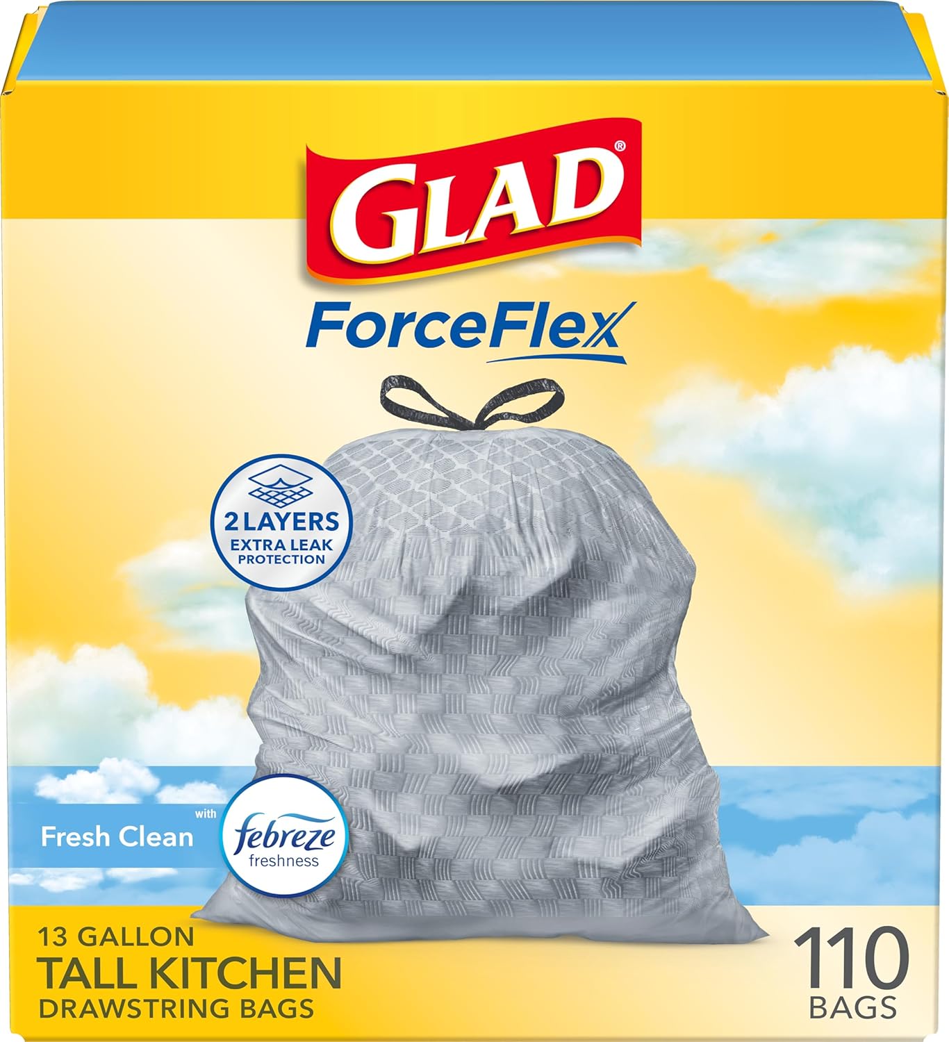 Glad Tall Kitchen Drawstring Trash Bags – Odorshield 13 Gallon White Trash Bag, Febreze Fresh Clean, 110 Count