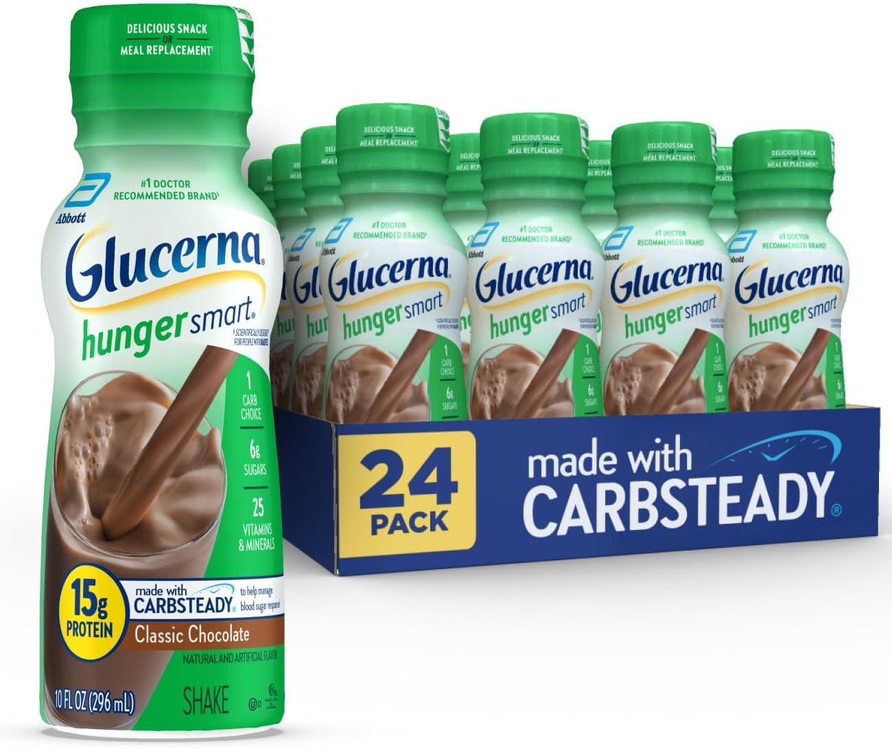 Glucerna Hunger Smart Diabetes Care Shake, Classic Chocolate, Diabetic Meal Replacement to Support Blood Sugar Management, 15g Protein, 180 Calories, Ready to Drink, 10 Fl Oz, 24 Pack