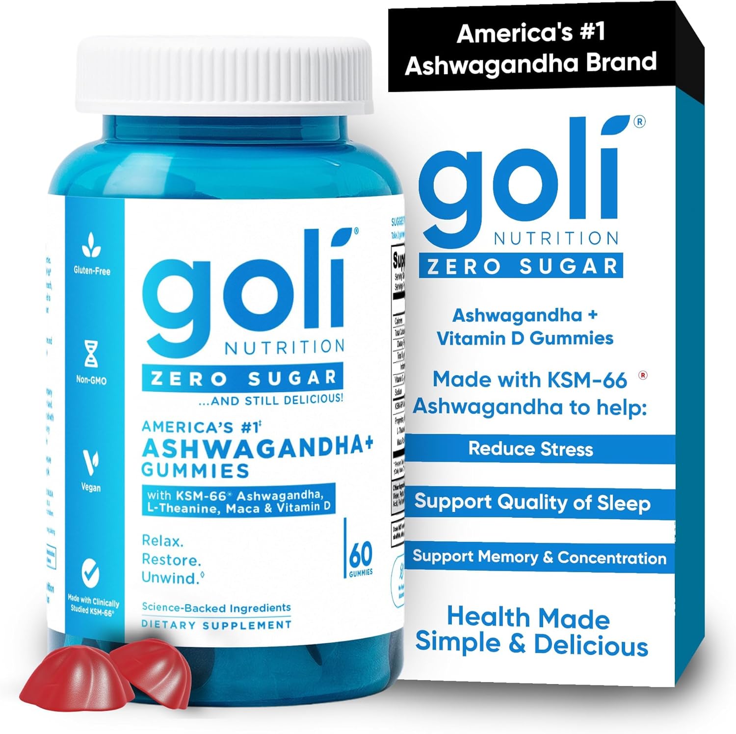 Goli Zero Sugar Ashwagandha Gummies with KSM-66, L-Theanine, Maca and Vitamin D – No Sugar Alcohols – Vegan, Keto-Friendly, Non-GMO