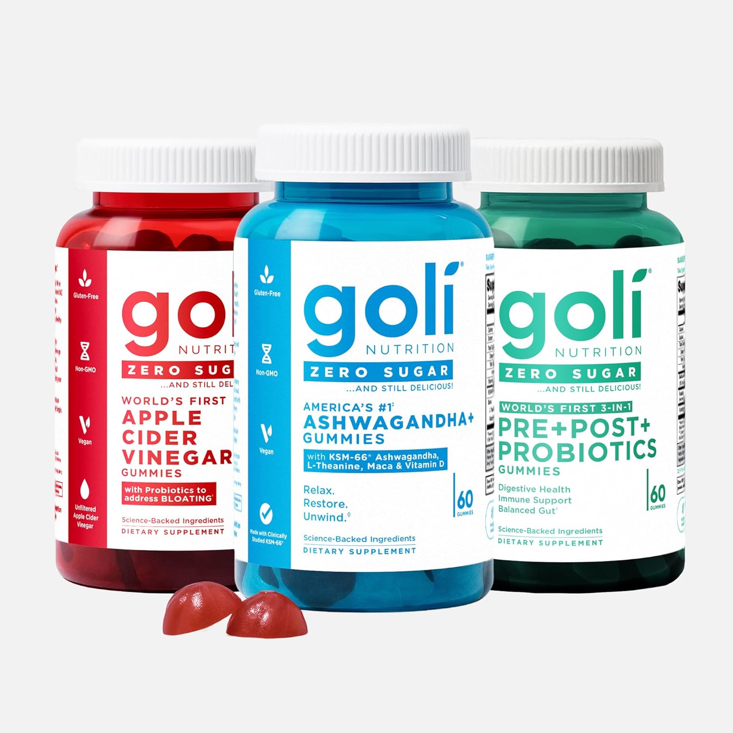 Goli Zero Sugar Trio – World’s First 3-in-1 Pre, Post, Probiotic, Apple Cider Vinegar with Vitamin B12 and Probiotics, Ashwagandha & L-Theanine, Vitamin D Gummies, 90 Count (3-Bottle Set)