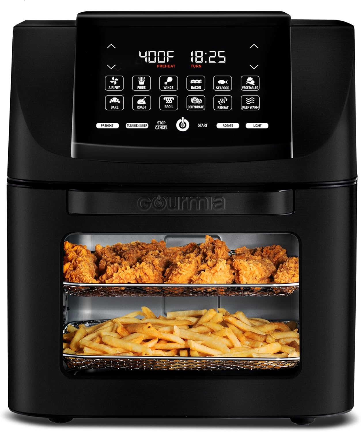 Gourmia Air Fryer – 14 Qt All-in-One Oven with Rotisserie, Digital Display with 12 Presets, Roast, Bake, Broil, Dehydrate, Dishwasher Safe Accessories, Black