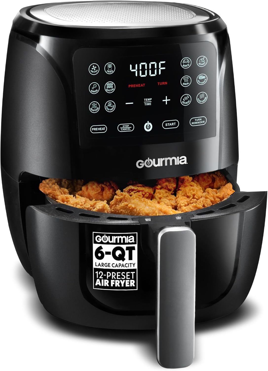Gourmia Air Fryer – 6 Qt Large Capacity, FryForce 360º, Digital Display with 12 Presets, Roast, Bake, Broil, Dehydrate, Dishwasher Safe Accessories, Black
