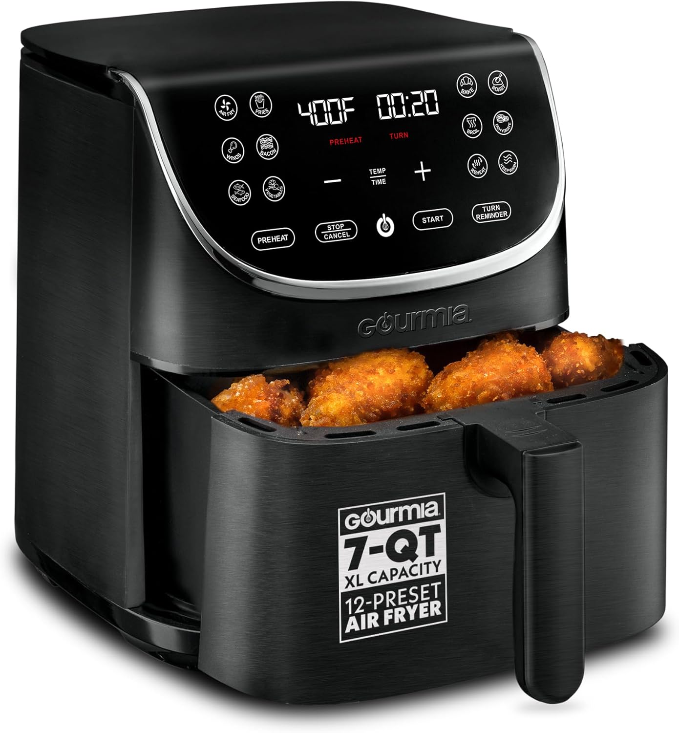 Gourmia Air Fryer – 7 Qt Large Capacity with LED Display, 12 One-Touch Presets, FryForce 360° Technology, Nonstick Dishwasher-Safe Basket & Crisper Tray, Black