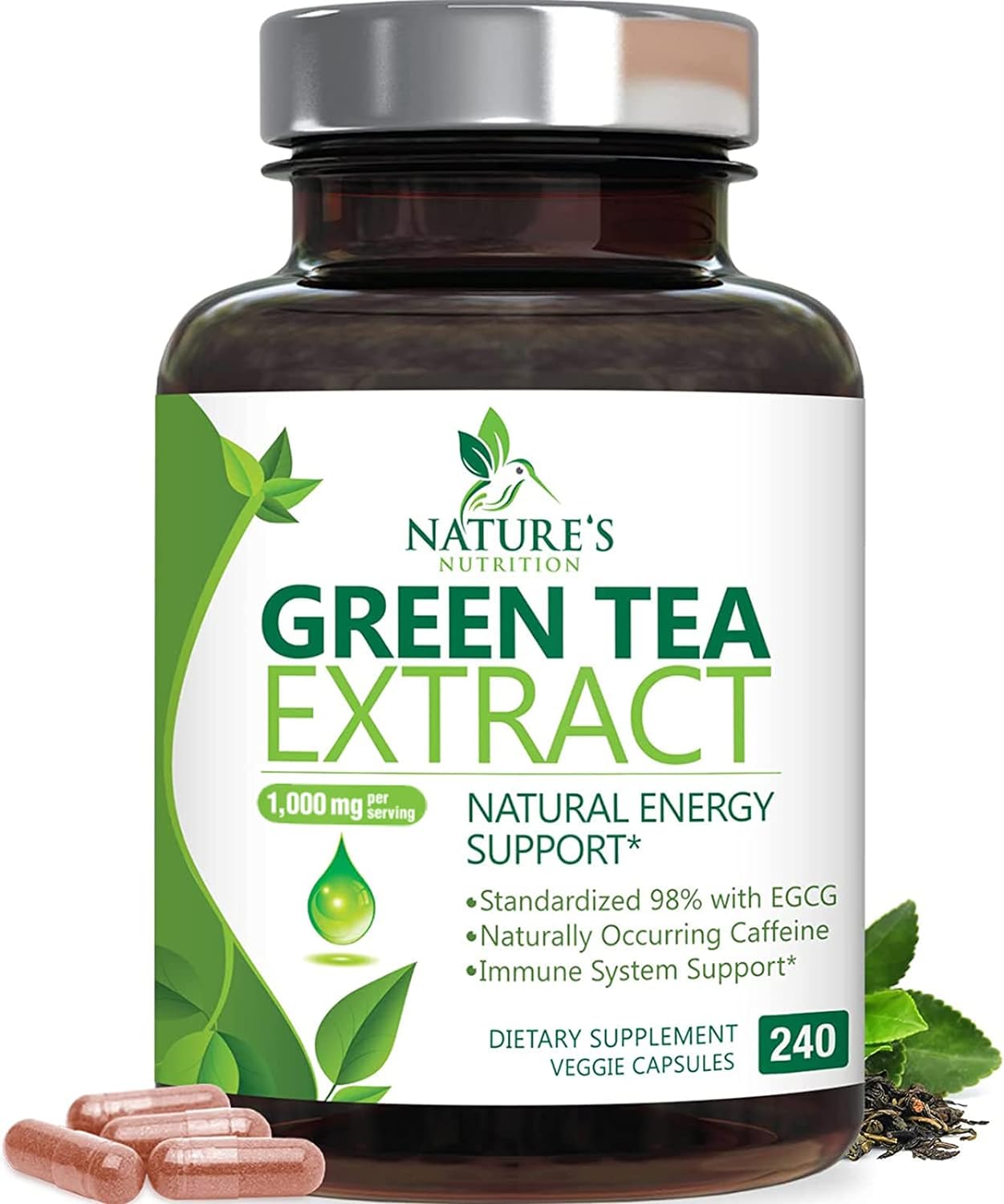 Green Tea Extract 1000 mg Per Serving – 3X Strength Green Tea Pills with 45% EGCG & 98% Polyphenols for Natural Energy – Vegan Antioxidant Herbal Supplement for Heart Support – 240 Capsules