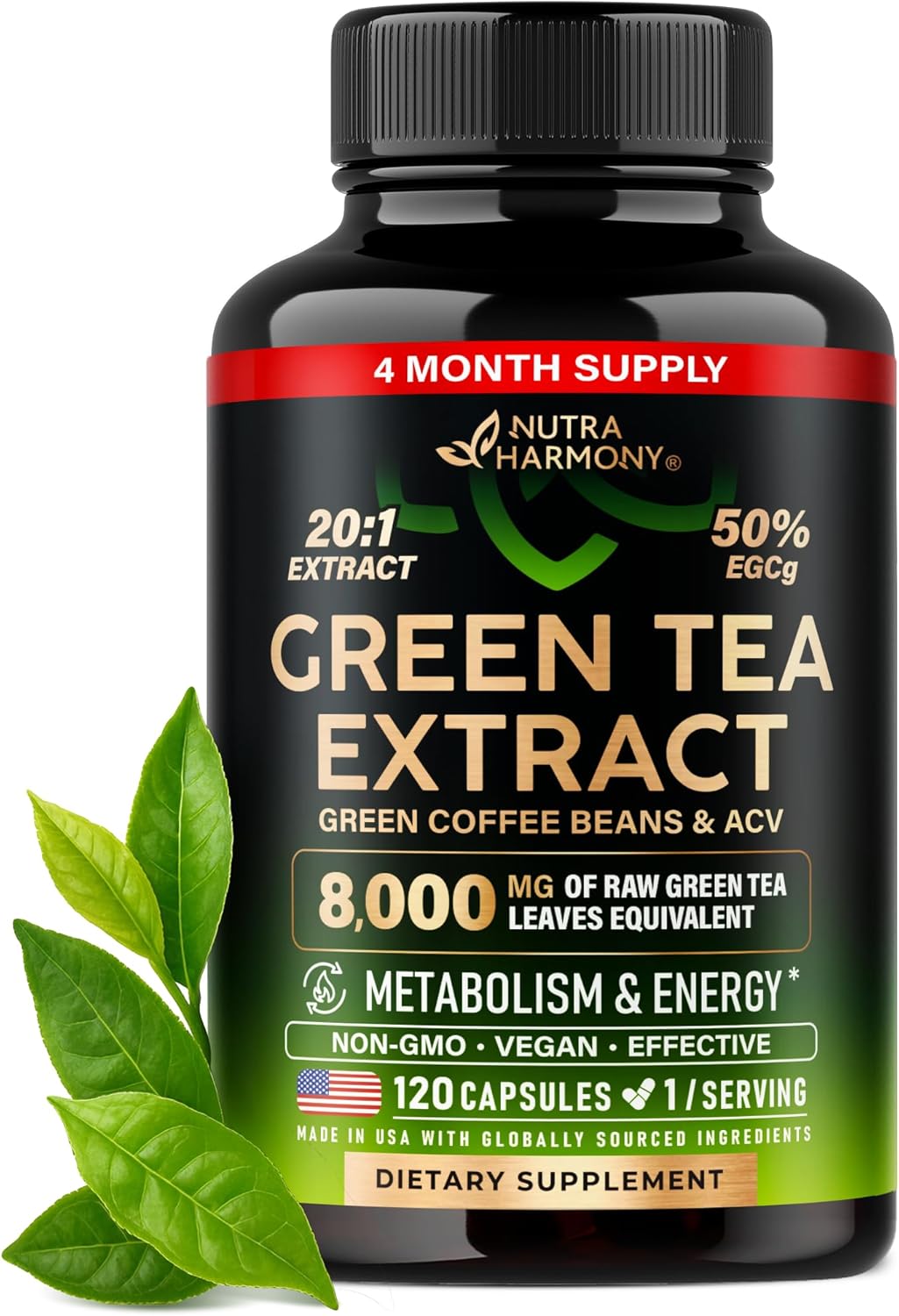 Green Tea Extract – 50% EGCG, Extra Strength 20:1 Extract – Natural Green Tea Supplement + Green Coffee Beans & Apple Cider Vinegar – Energy & Metabolism Support – for Men & Women – Vegan 120 Capsules