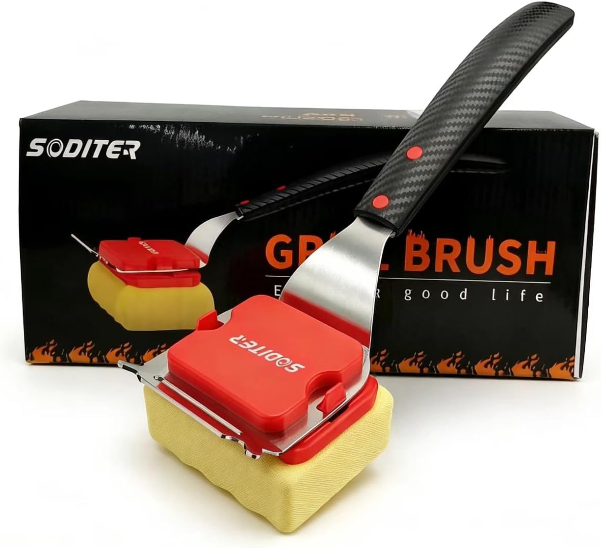 Grill Brush Bristle Free with Steam Cleaning Head & Scraper – BBQ Grill Cleaning Brush for Outdoor Grill, Safe Grill Cleaner for Cast Iron, Stainless Steel Grates, Replaceable Head (Two Brush Heads)