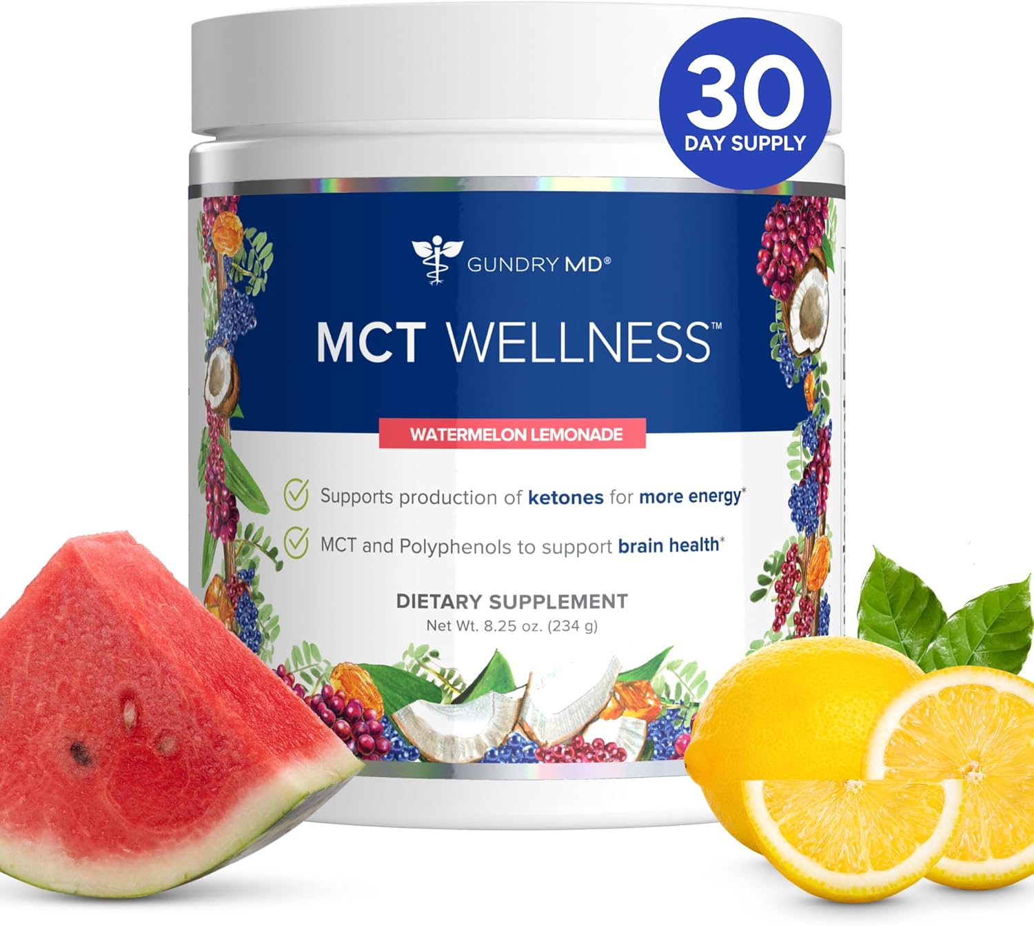 Gundry MD MCT Wellness Powder to Support Energy, Ketone Production and Brain Health, Keto Friendly, Sugar Free (30 Day Supply, Watermelon Lemonade)