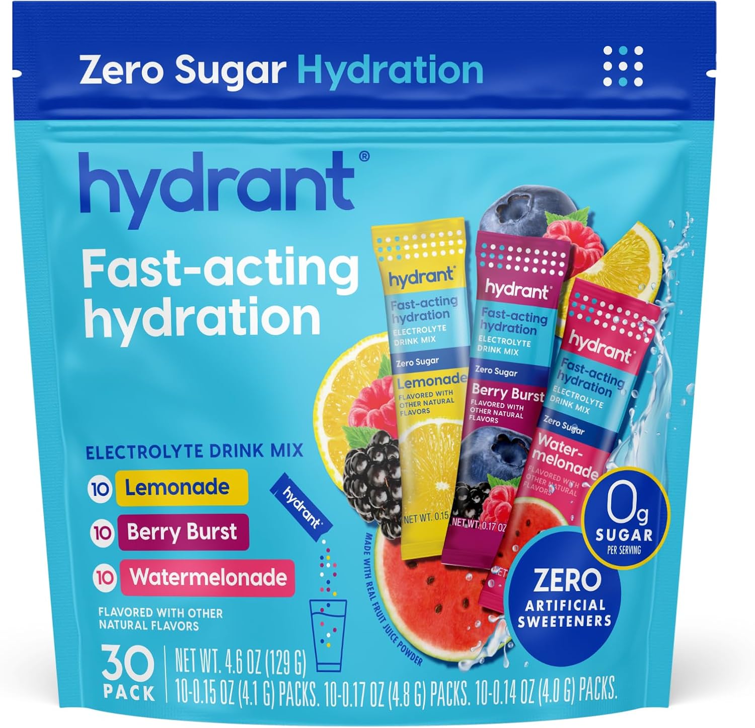 HYDRANT Hydrate Zero Sugar, Individual Hydration Electrolyte Powder Stick Packets with Zero Sugar and Electrolytes for Rapid Hydration (Variety Pack, 30 Count)