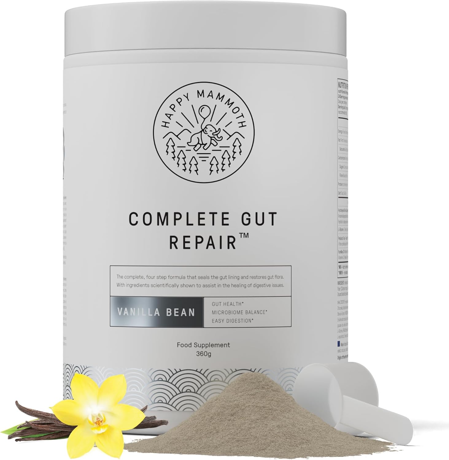 Happy Mammoth Complete Gut Repair Probiotic, Prebiotic, Fiber & Collagen Supplement for Gut Health, Digestion, Healthy Gut Microbiome, Reduces Constipation & Bloating 24 Servings, Vanilla Flavor