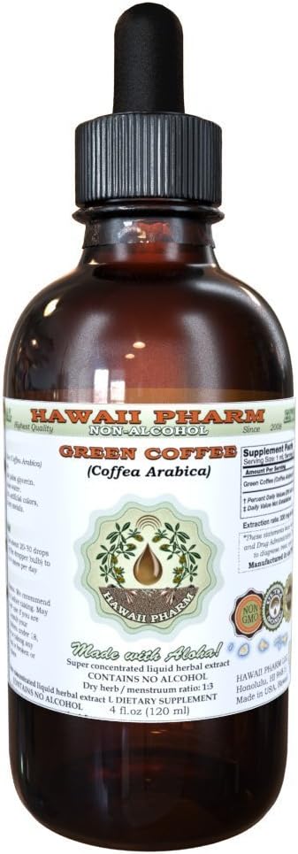 Hawaii Pharm Green Coffee Alcohol-Free Liquid Extract, Green Coffee (Coffea Arabica) Dried Bean Glycerite Natural Herbal Supplement 4 oz