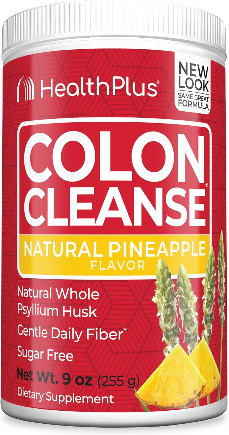 Health Plus Colon Cleanse Digestive Support | No Artificial Flavors | Daily Fiber for Toxin Elimination to Reduce Bloating | Psyllium Husk | Pineapple Flavor | 9 Ounces, 36 Servings