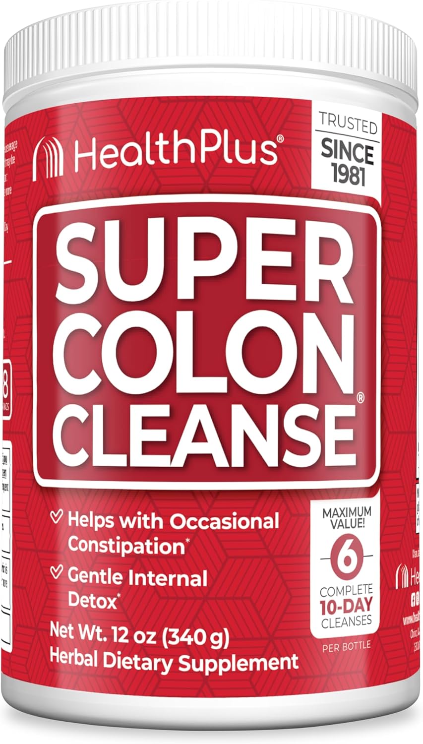 Health Plus Super Colon Cleanse, 12 oz Powder, 68 Servings – Natural Detox, Digestive Constipation Relief, Gentle Gut Cleanse with Psyllium Husk & Senna Leaf