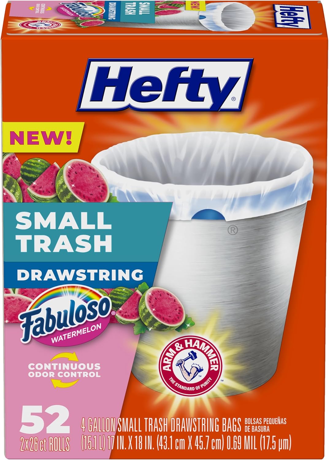 Hefty Small Trash Bags, Fabuloso Watermelon Scent, 4 Gallon, 52 Count