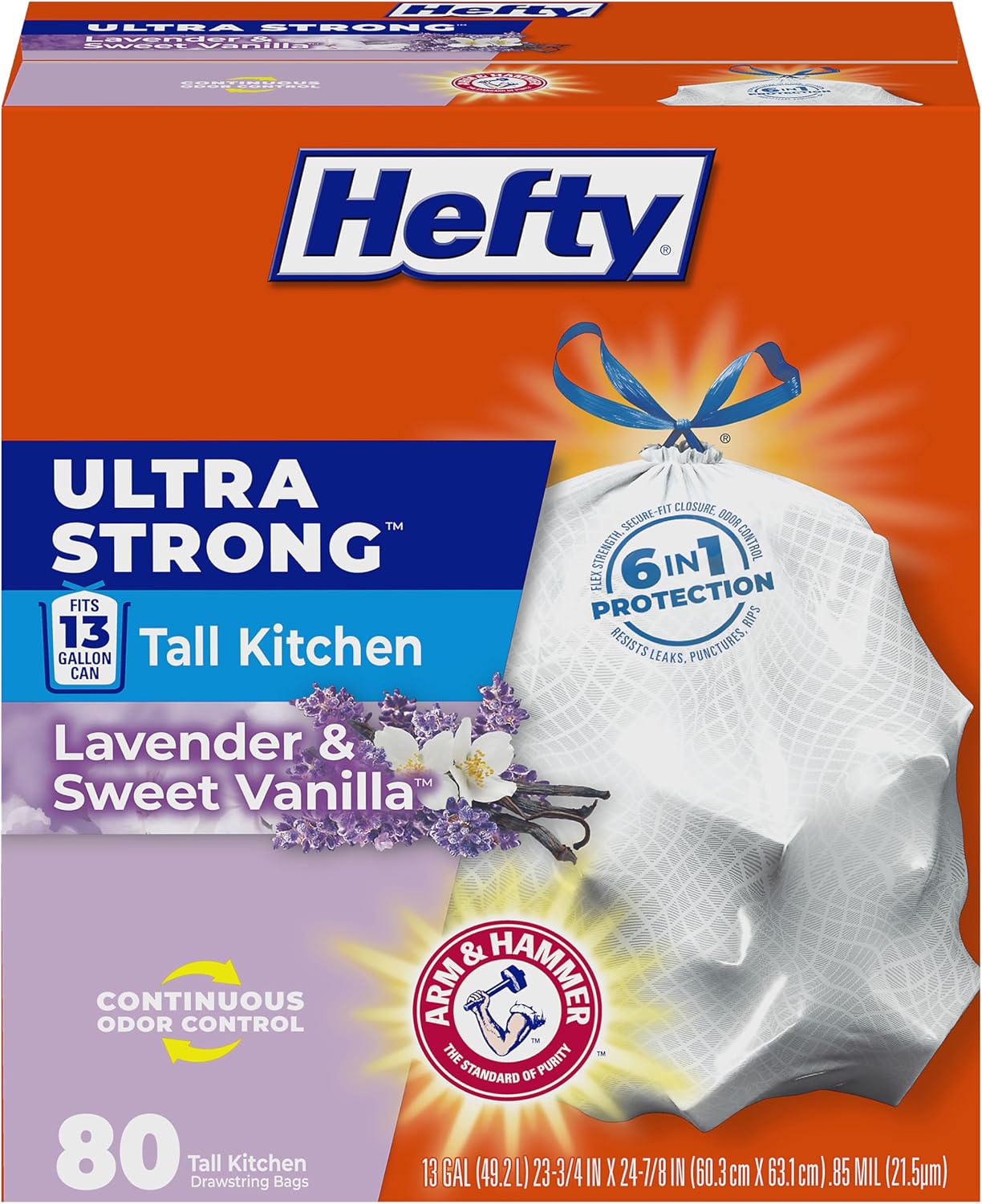 Hefty Ultra Strong 13 Gallon Trash Bags, Tall Kitchen Trash Bags 13 Gallon Size, Drawstring Closure, Continuous Odor Control, White, Lavender and Sweet Vanilla Scent, 80 Bags