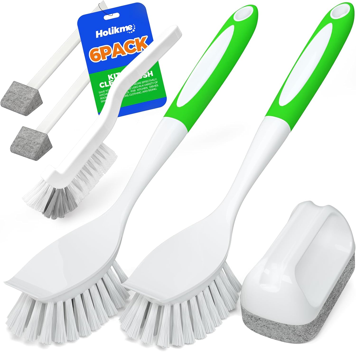 Holikme 6 Pack Dish Brush with Handle Kitchen Cleaning Brush Set for Pot, Pan, Kitchen Sink (Green)