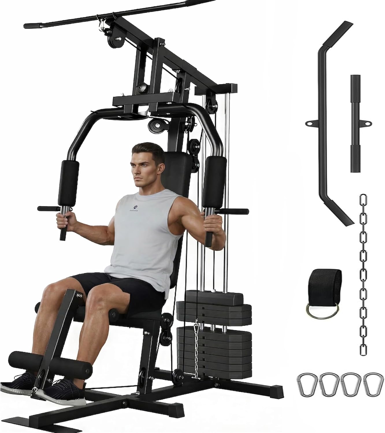 Home Gym Equipment, Multifunctional Workout Station with 100LBS Weight Stack, Home Gym Machine for Full Body Traning with LAT Pulldown System