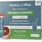 Hydralyte Plus Metabolic Support - GLP-1 Weight Loss Management and Gut Health - 5in1 Probiotic Blend - Akkermansia Muciniphila + Prebiotic Fiber + Electrolytes - Sugar Free (30 Packets)