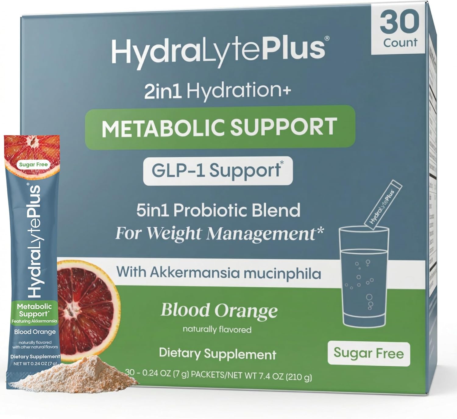 Hydralyte Plus Metabolic Support – GLP-1 Weight Loss Management and Gut Health – 5in1 Probiotic Blend – Akkermansia Muciniphila + Prebiotic Fiber + Electrolytes – Sugar Free (30 Packets)