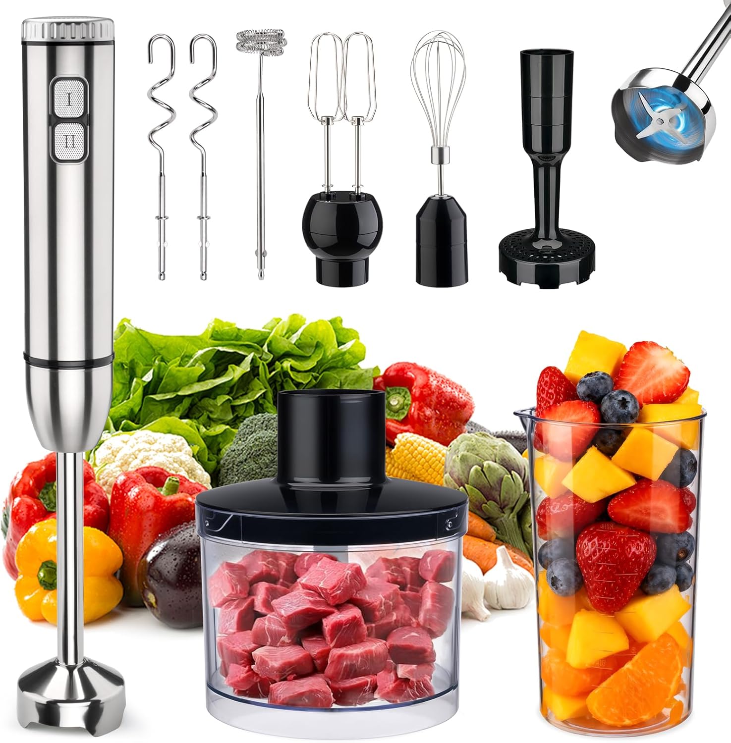 Immersion 8 in 1 Hand Blender 25 Speed & Turbo Mode Handheld Blenders Electric Sitck Blender with Beaker Chopper Milk Frother Frother Grinder and Mixer