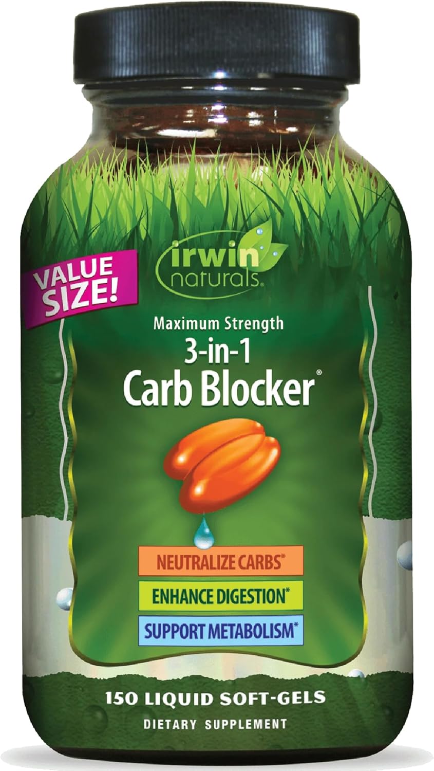 Irwin Naturals Maximum Strength 3-in-1 Carb Blocker – Neutralize Carbohydrates, Aids Digestion and Metabolism Booster – White Kidney Bean Extract + Chromium + Enzyme Blend – 150 Liquid Soft-Gels