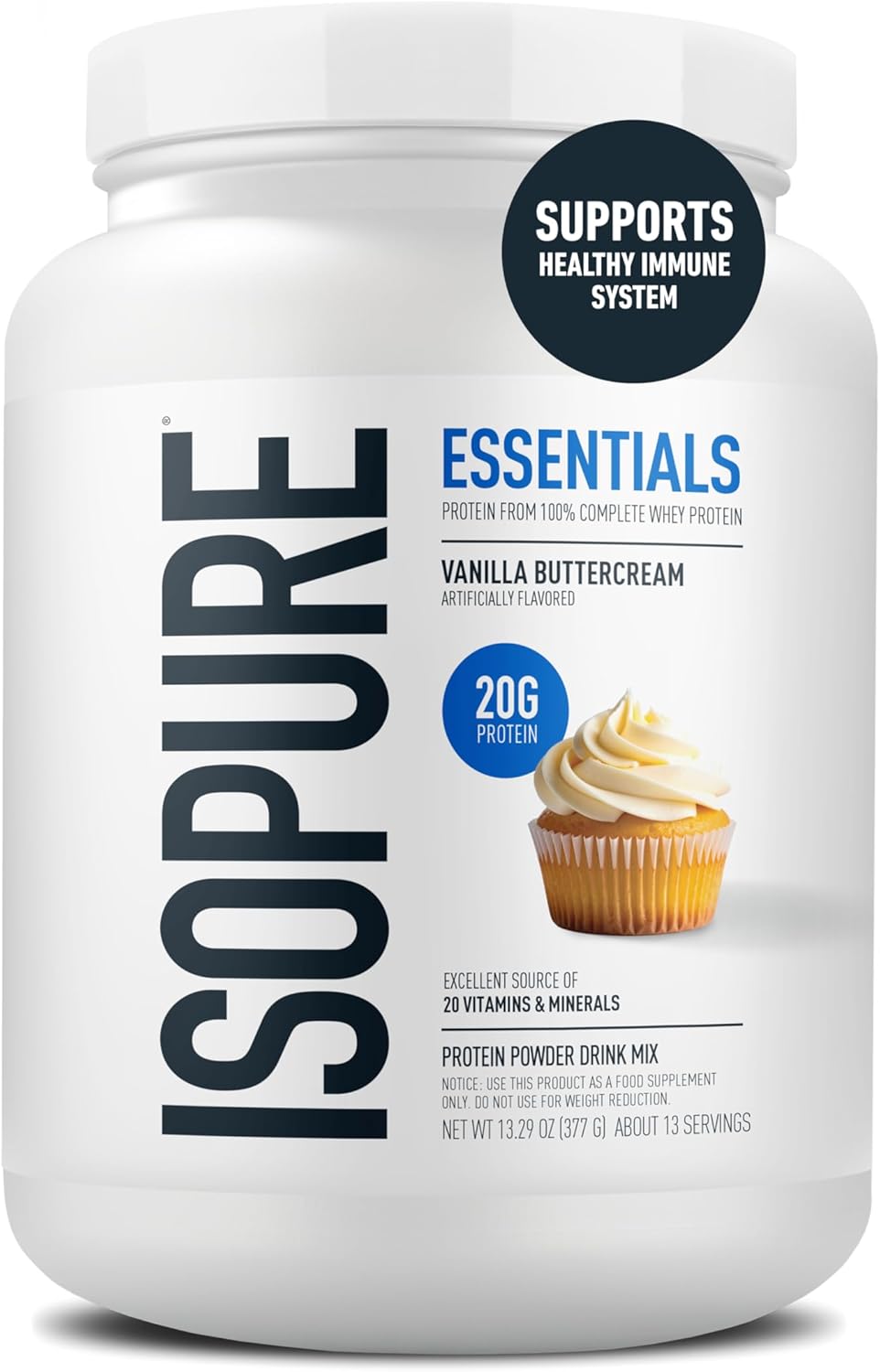 Isopure Essentials 100% Whey Protein Powder, with Vitamins, 20g Protein Per Serving, Vanilla Buttercream, 13 Servings (Pack of 1)