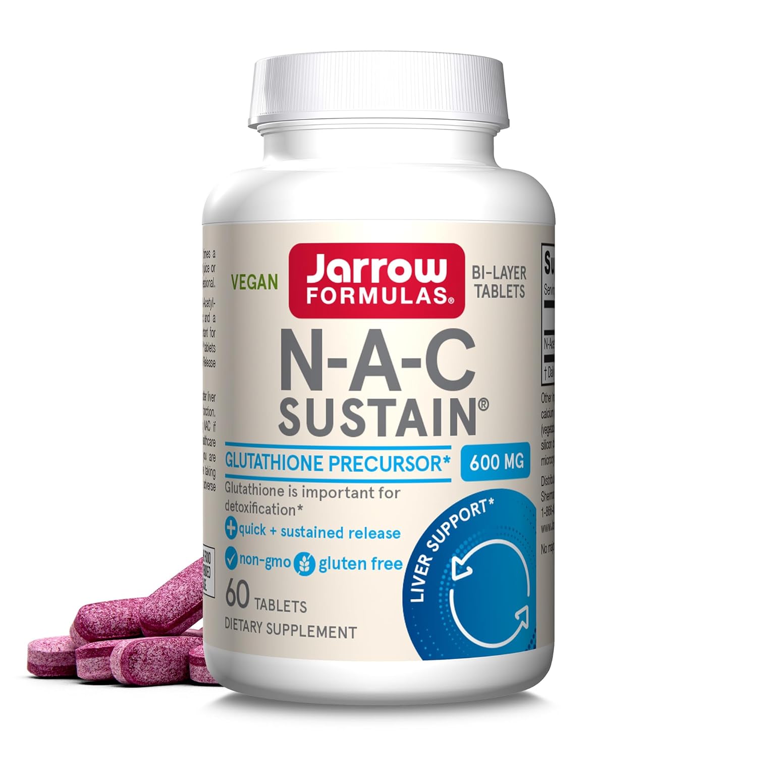 Jarrow Formulas N-A-C Sustain 600 mg, Dietary Supplement, NAC 600 mg, an Antioxidant Amino Acid Support for Liver Health, 60 Tablets, 60 Day Supply