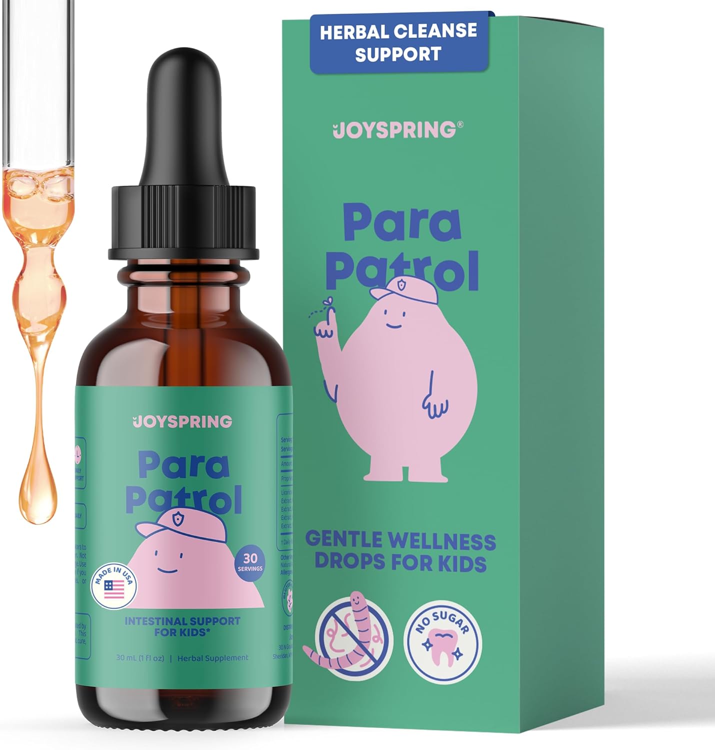 JoySpring ParaPatrol Kids’ Herbal Blend – Alcohol-Free Liquid Supplement with Black Walnut and Wormwood Extract | Supports Digestive Health | Natural Raspberry Flavor – 30 Servings