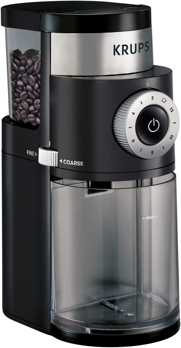 KRUPS Precision Burr Coffee Grinder: 12 Settings, 8 oz Capacity for Drip, French Press, Espresso, Pour Over, Cold Brew – Stainless Steel, 110W, Auto-Stop, Easy Clean – Coffee Grinders for Home Use