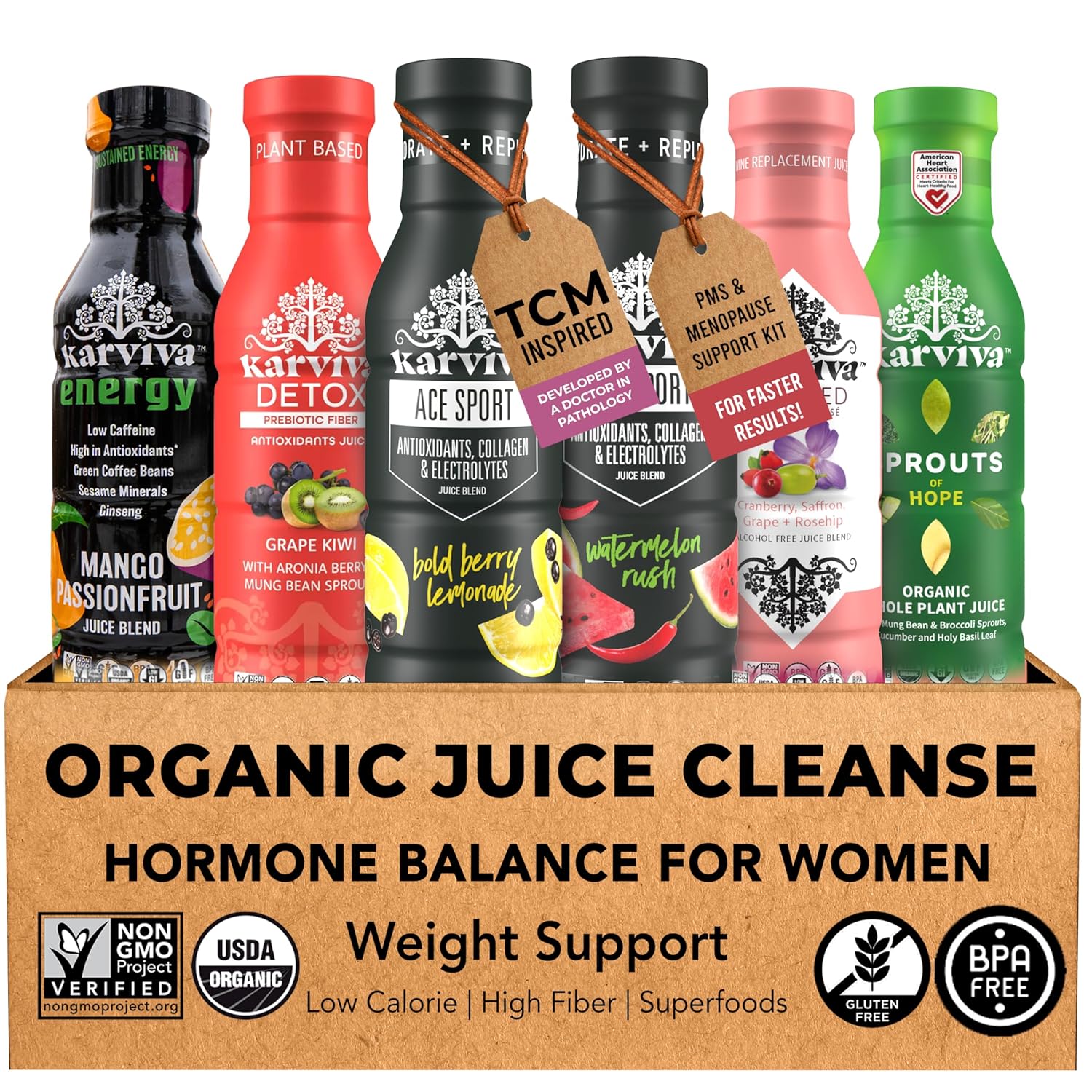 Karviva Juice Cleanse For Women’s Health & Hormonal Balance | Ancient Remedies For Weight Control, Energy Boost, Skin Health | Detox, Energy, Collagen Boost, and Destress | TCM-Inspired Relief | Non-GMO, 6 BPA-Free Bottles