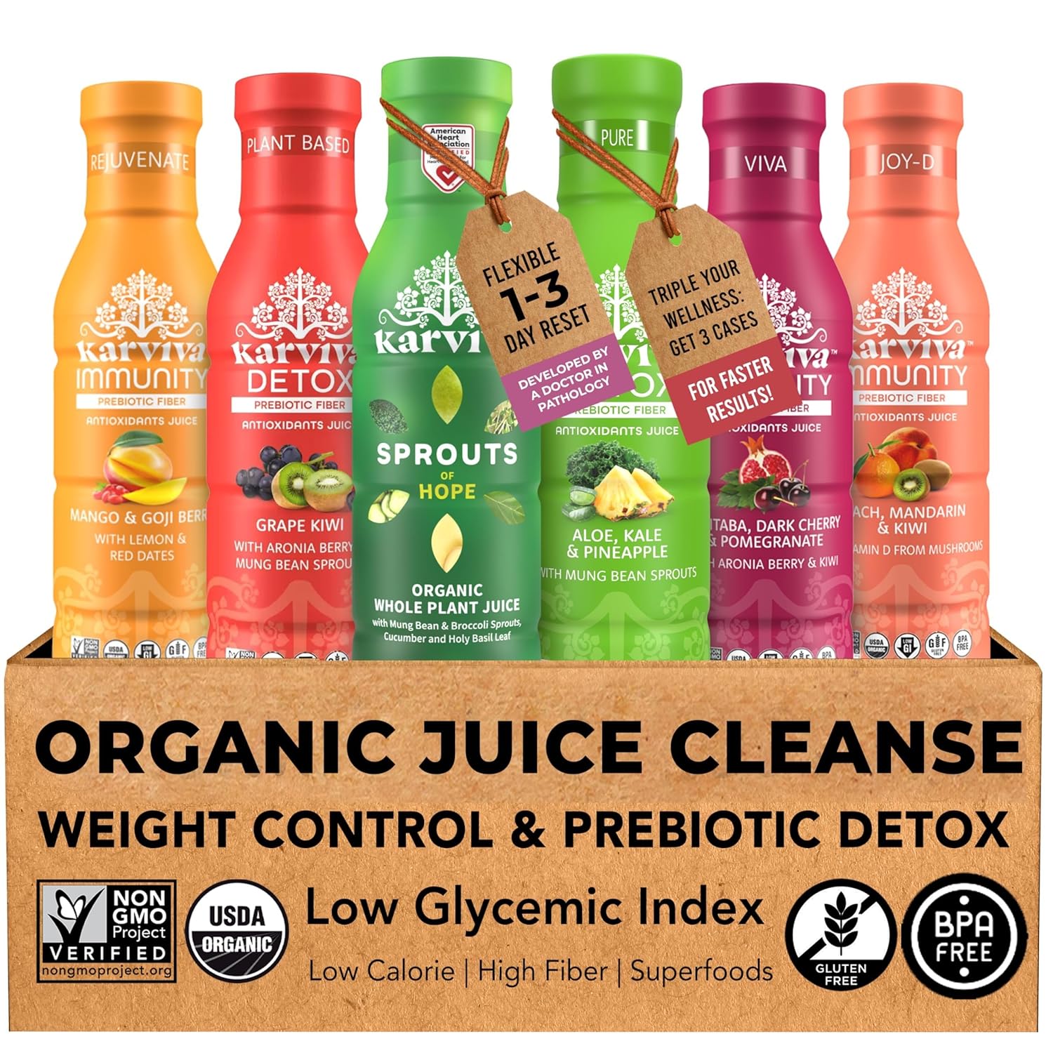 Karviva Organic Juice Cleanse Weight Control Pack – Ancient Remedies to Curb Sugar Cravings, Prebiotic Detox with Anti-Bloat Support, High Fiber Sprouts, Aloe & Adaptogens for Digestion & Gentle Cleansing, 6 BPA-Free Bottles (12 oz)