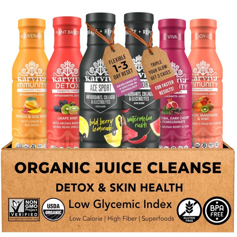 Karviva Organic Juice Cleanse for Glowing Skin, Digestive Support & Craving Control with Sprouts, Herbs & Marine Collagen – Low Sugar, Prebiotic Fiber, Antioxidants & Vitamins – 6 BPA-Free Bottles (12oz)
