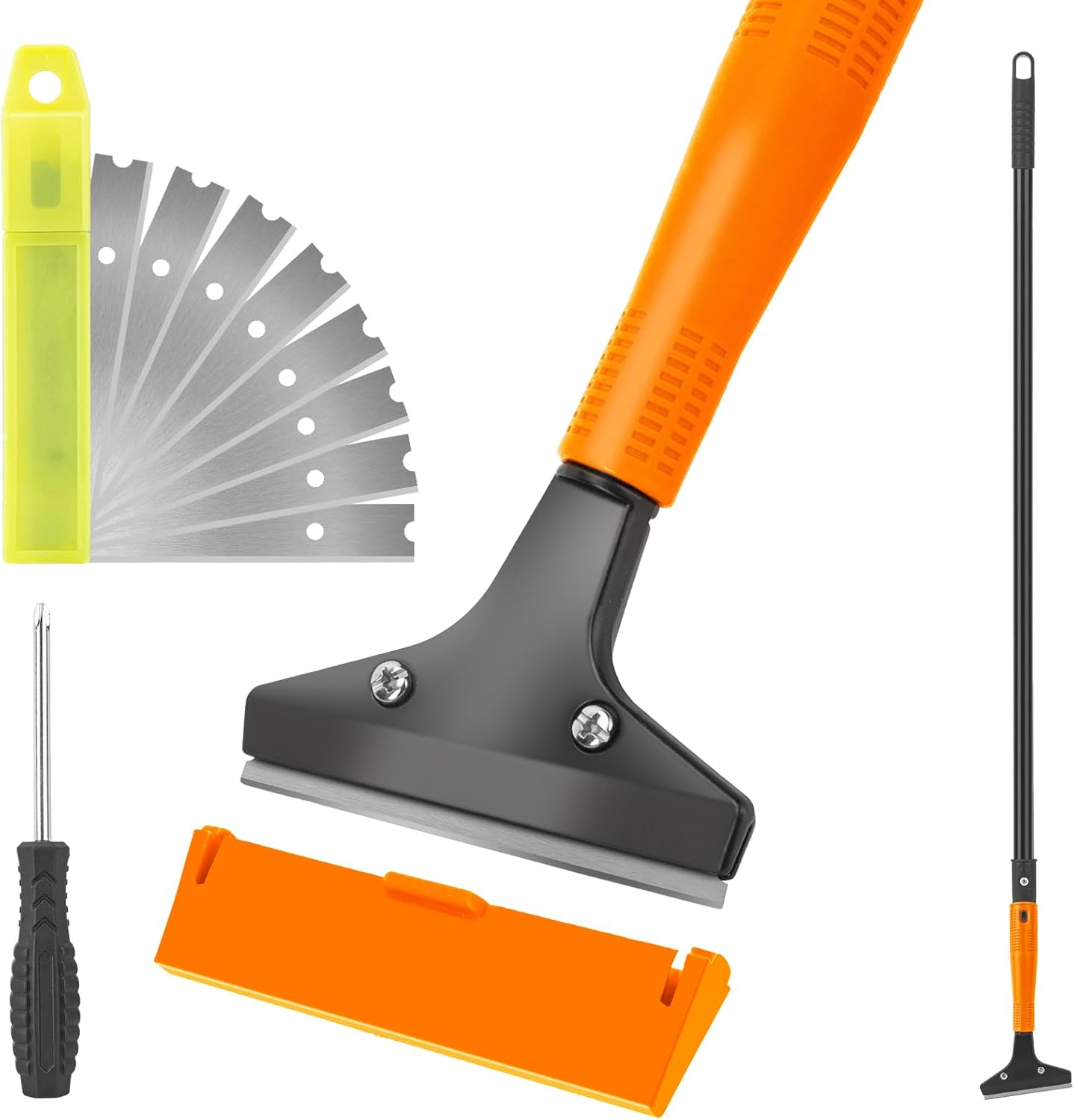 KeFanta Razor Blade Floor Scraper, 4″ Wide Heavy Duty Scraper Tool with 45.7″ Long Handle, 10PCS Extra Metal Blades, Paint Scrapers for Cleaning Wall Glass Tile Floor Paint Gum Glue Stains Linoleum