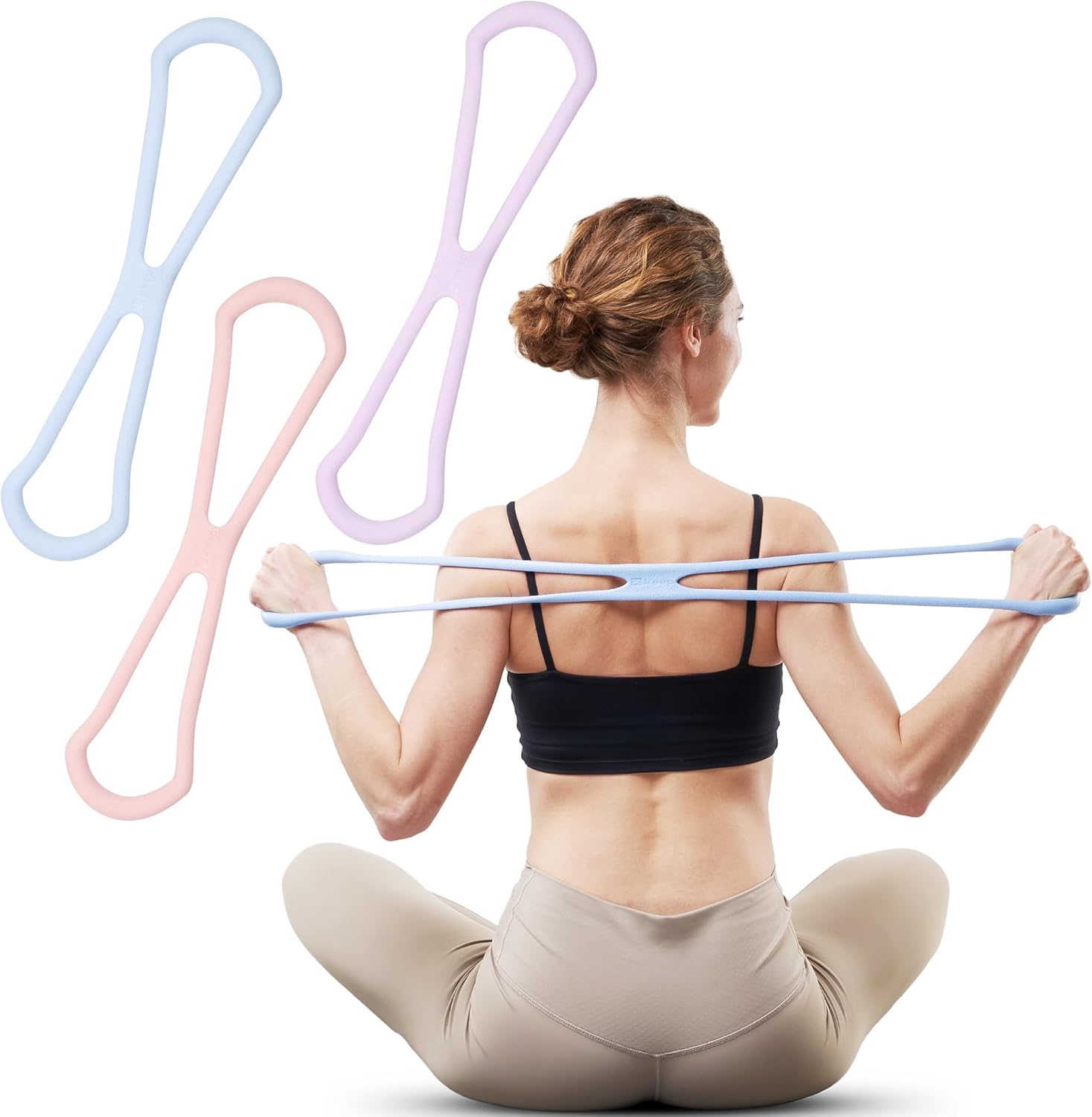 Keep 3-Pack Figure 8 Resistance Bands – 15 lbs Stretch Exercise Cords for Arm Toning, Yoga & Pilates – Durable Non-Slip Fitness Bands Set for Women & Men (15 lbs Pink/Purple/Blue)